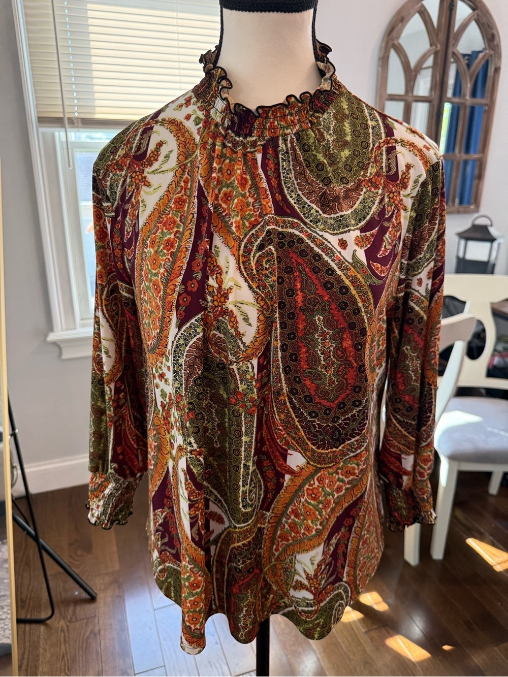 Fall Colors Paisley Mock Neck Blouse in Multi-Color 3/4 Sleeve Size Medium